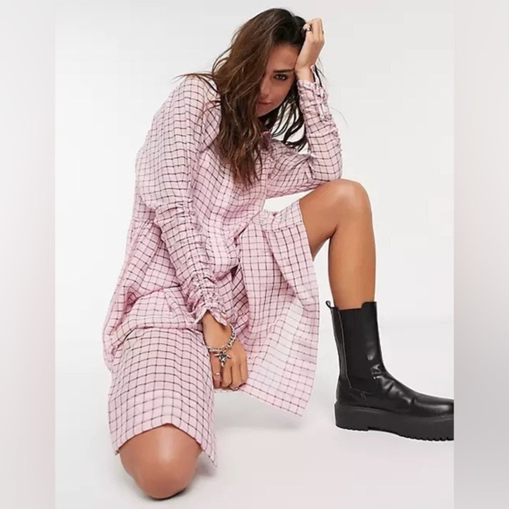 Topshop | Organza Midi Shirt Dress Pink Plaid Size 12